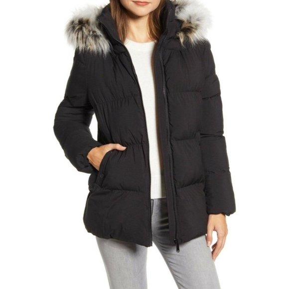 Sam Edelman Jackets & Blazers - Sam Edelman Puffer Hooded Faux Fur Trim Coat Black Size Small NWT